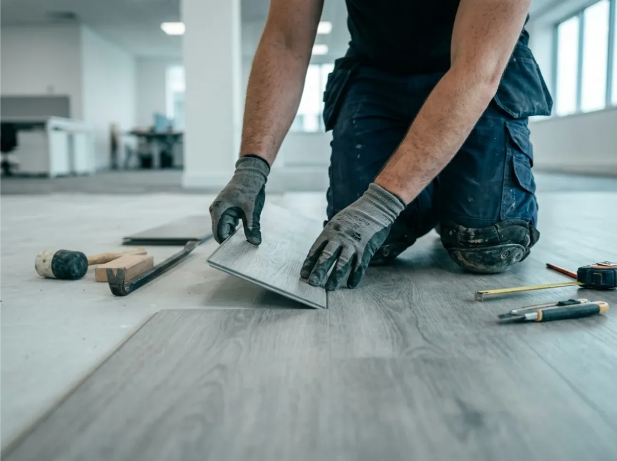 A handyman fitting new flooring in a commercial space