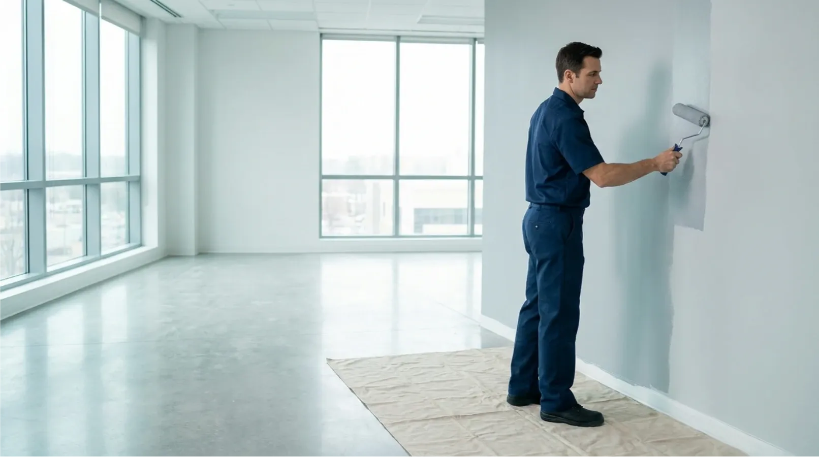 A handyman painting a wall in a commercial interior
