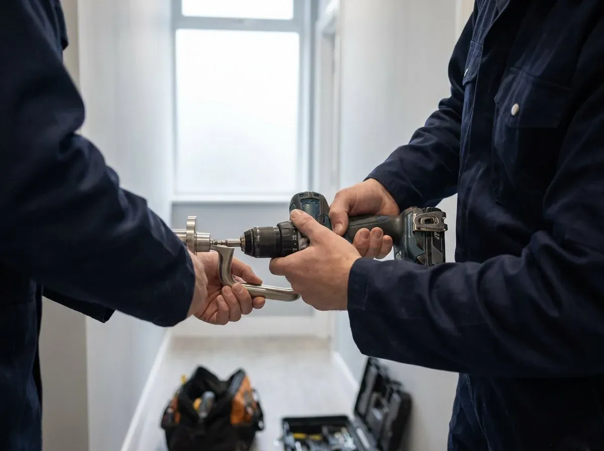 A handyman fitting a door handle with a cordless drill