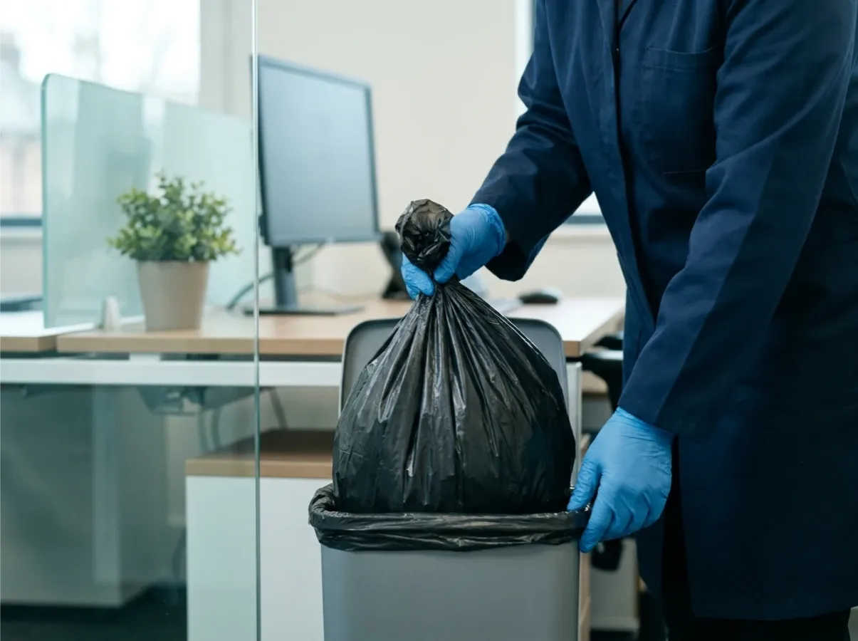 A commercial cleaner removing waste in a tidy office