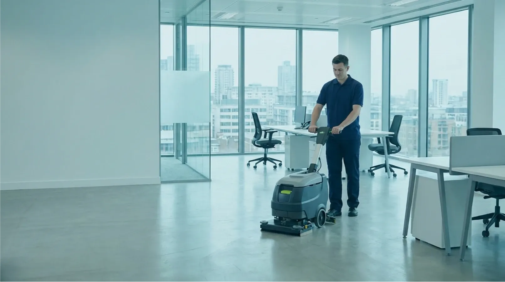 A commercial cleaner mopping the floor of a modern office
