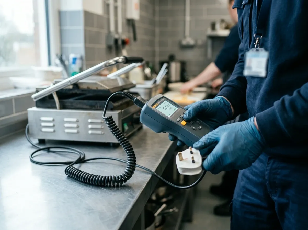 A technician PAT testing a portable appliance with a handheld tester