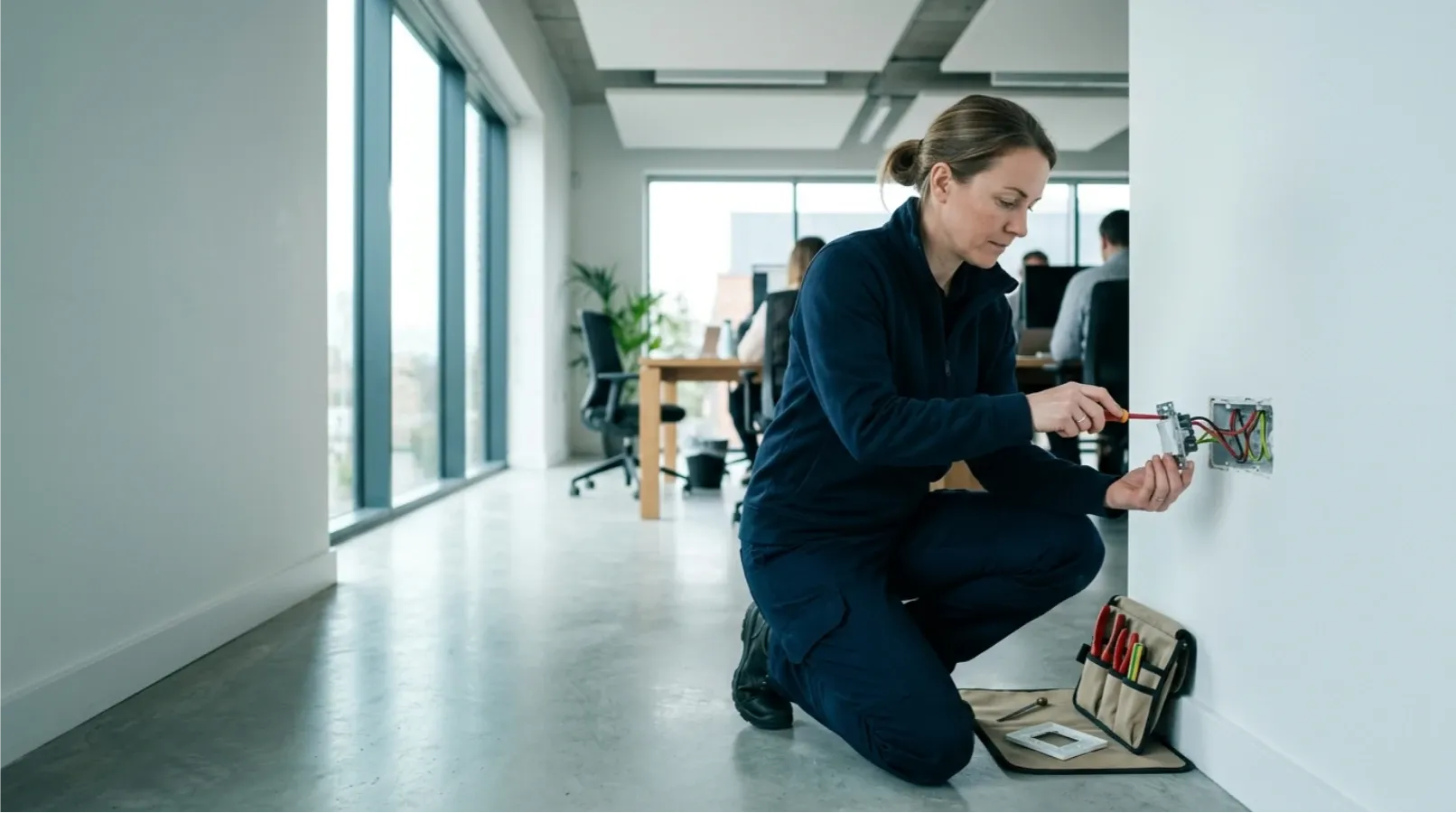 An electrician fitting a wall socket in a commercial interior