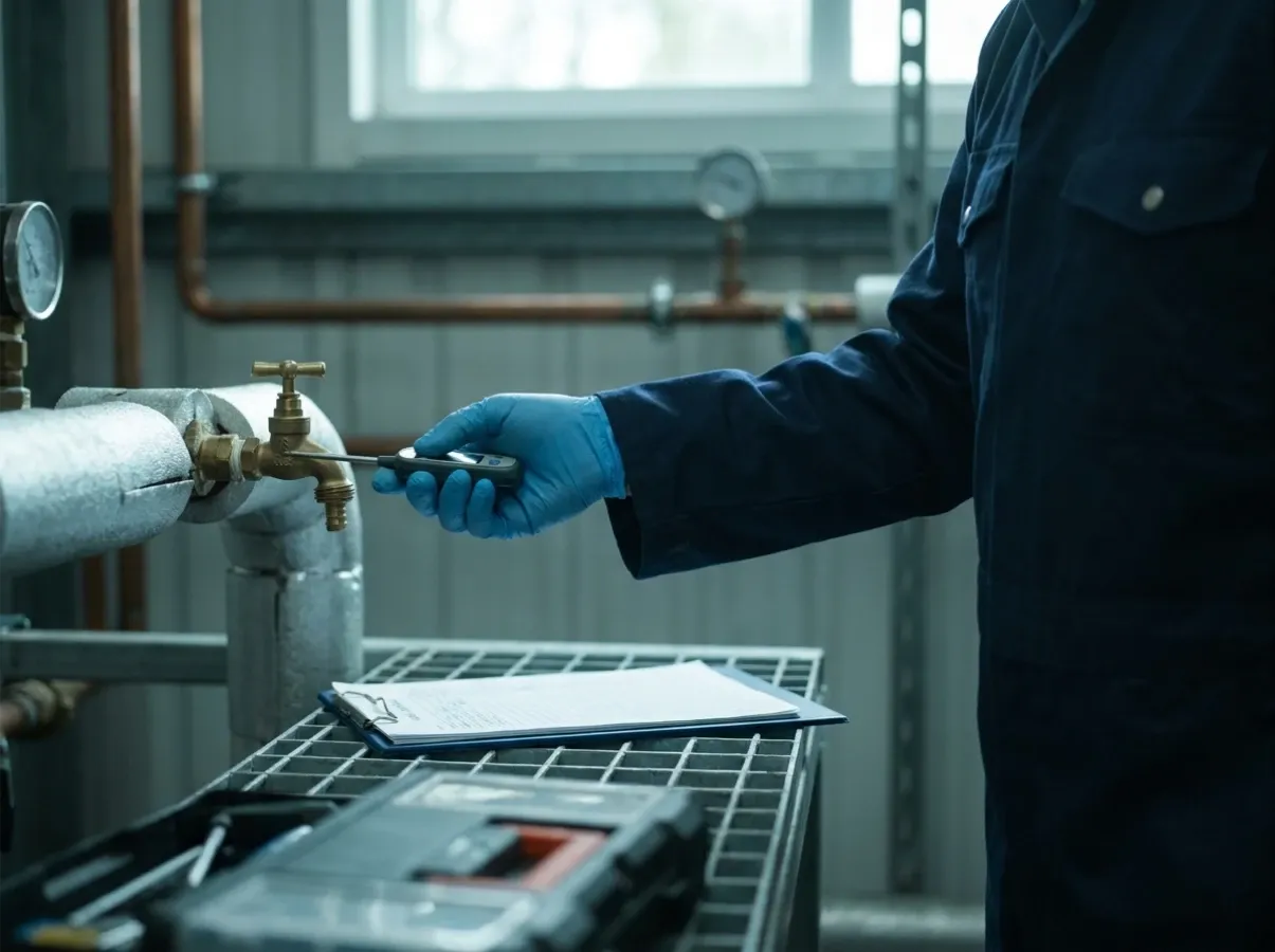 A technician carrying out a Legionella water-hygiene temperature check in a plant room