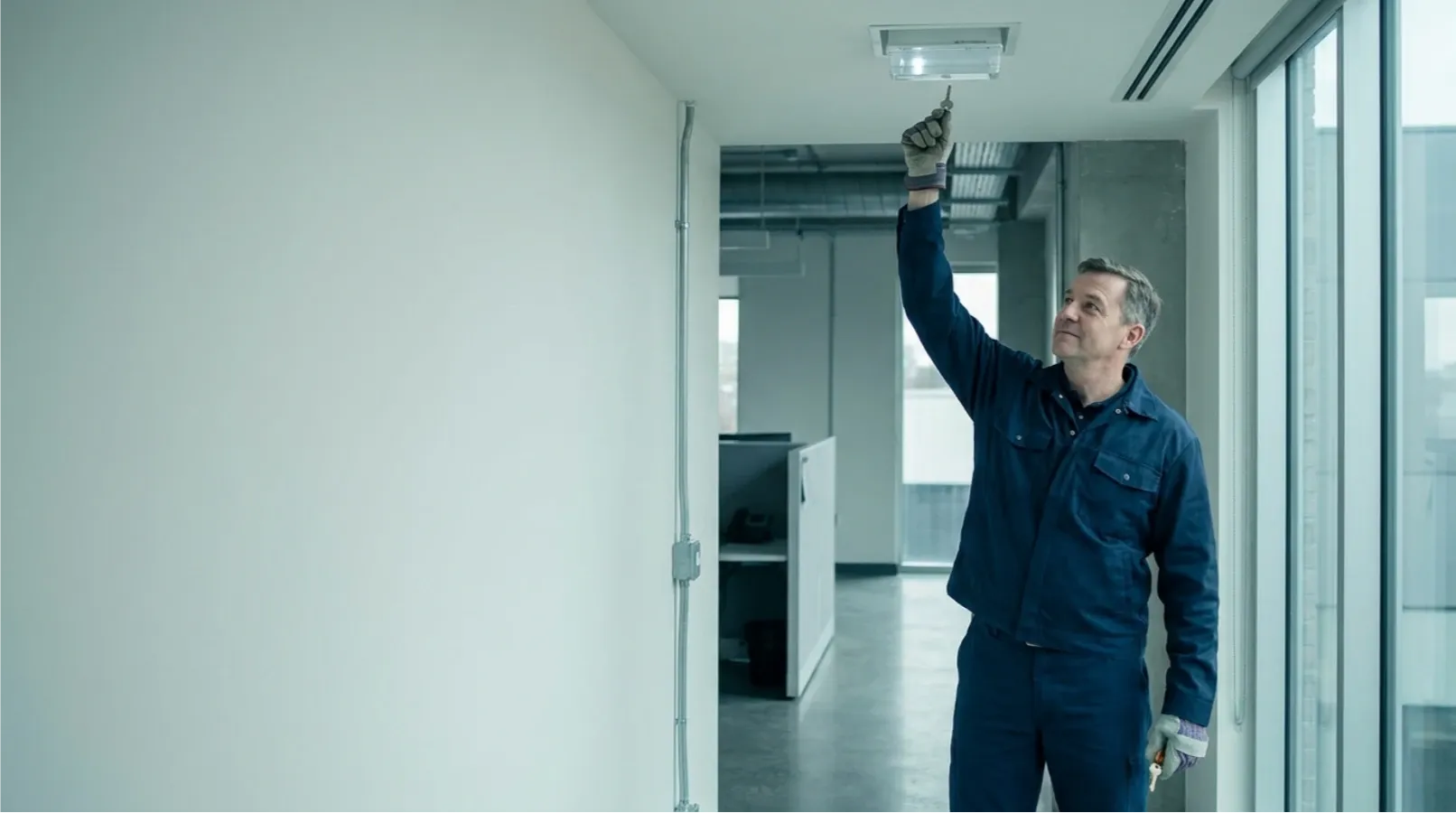 A maintenance engineer testing a ceiling-mounted emergency light during a scheduled inspection