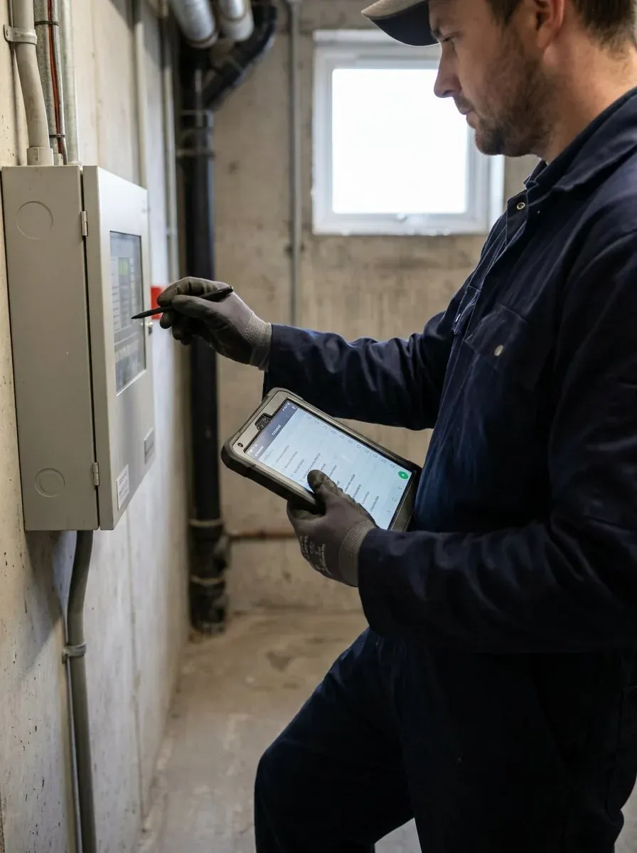 A maintenance engineer inspecting a fire-safety panel and logging checks on a tablet