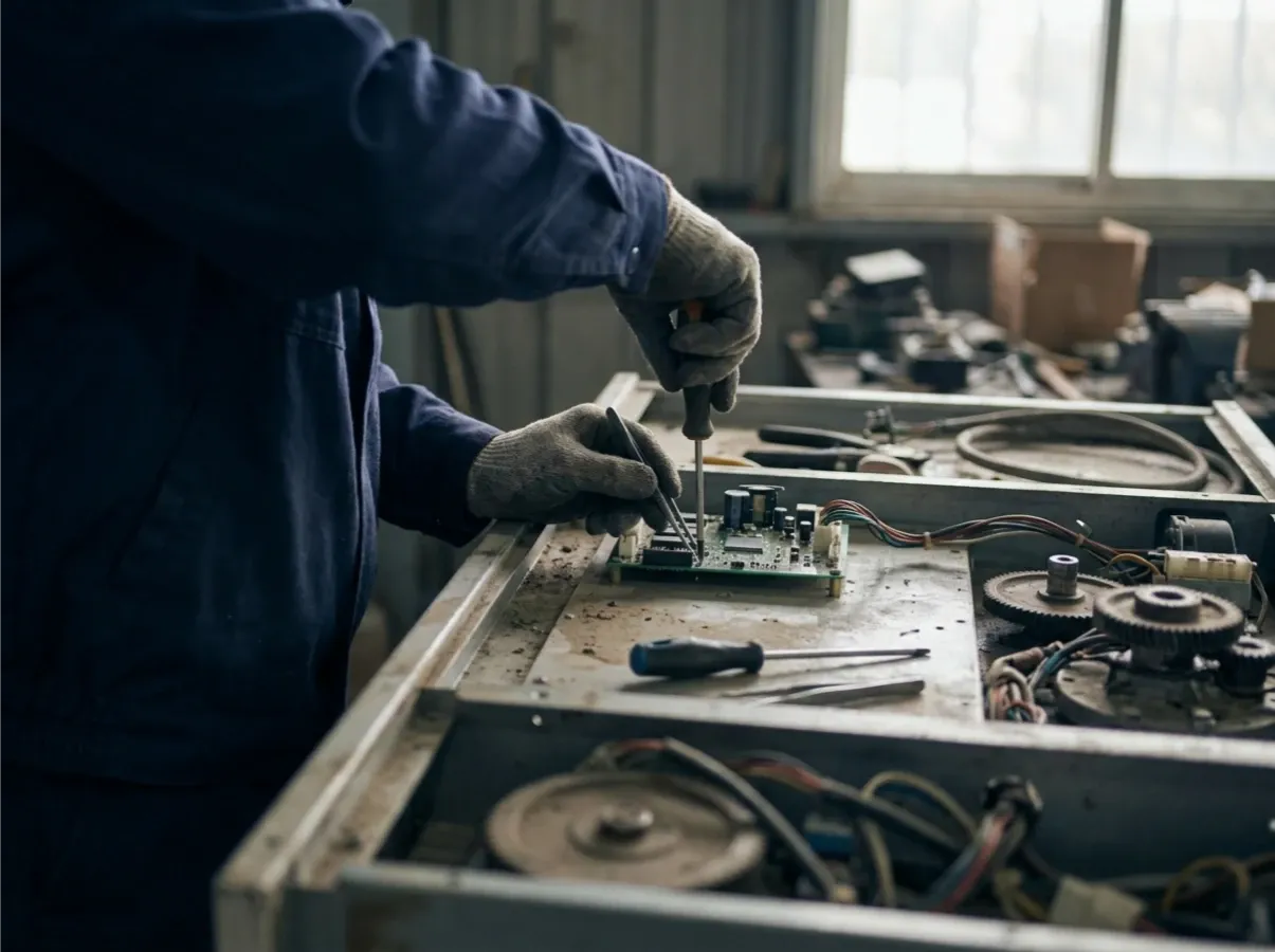 A technician's hands repairing a component inside an opened equipment unit