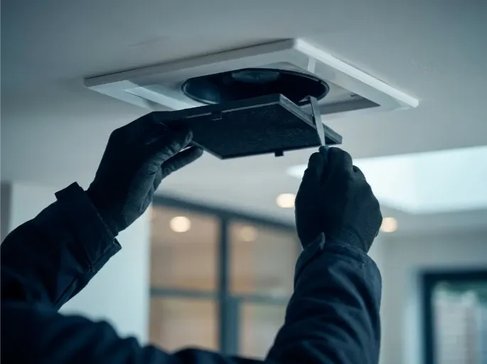 An engineer replacing the filter in a ceiling-mounted domestic ventilation vent
