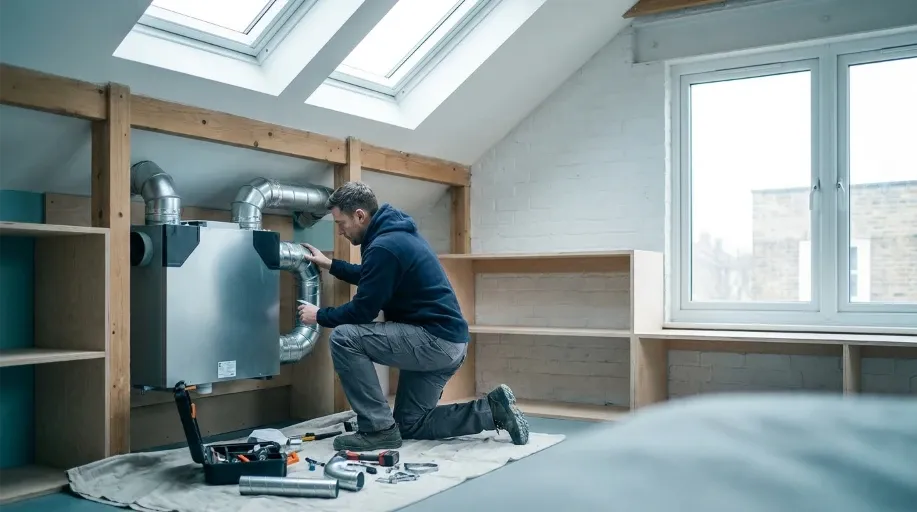 An engineer installing a ducted domestic ventilation unit in a loft conversion