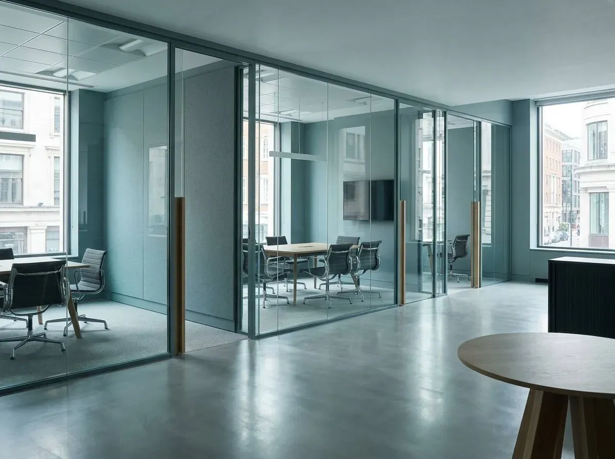 A clean, modern, well-maintained office interior with glass-partitioned meeting rooms
